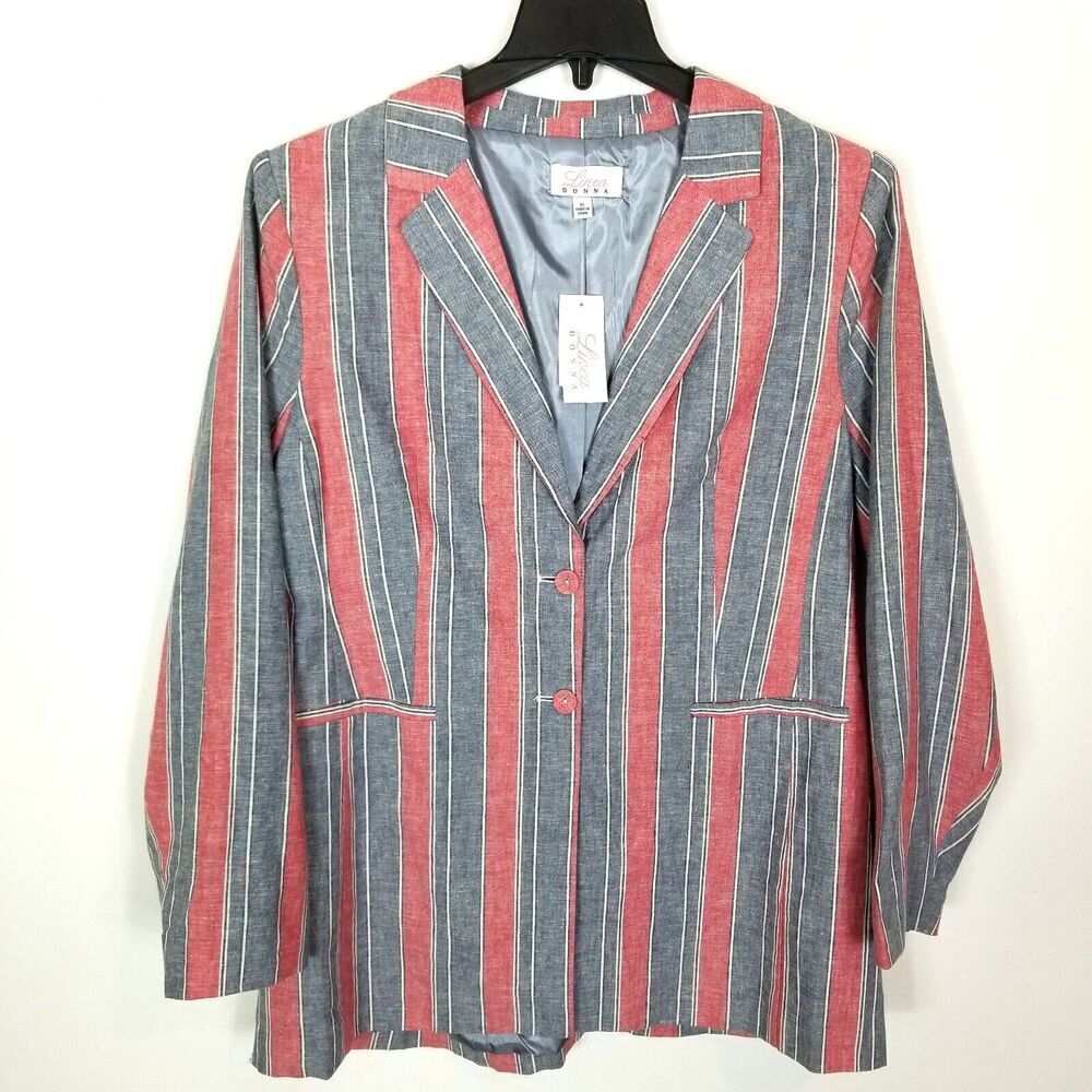 Linea Donna Women Linen Rayon Striped Blazer Jacket Sz XL‎ Red Gray Casual